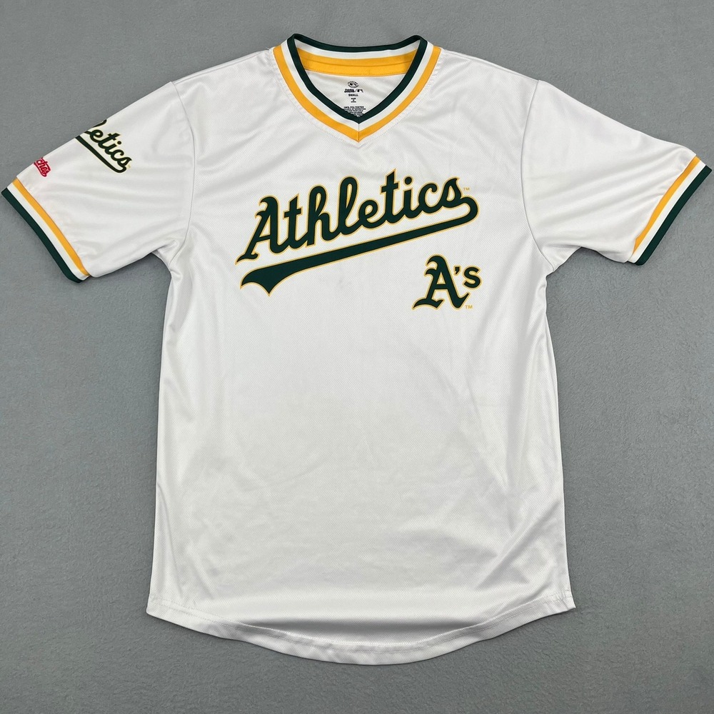 Stitches Oakland Athletics MLB Jersey Mens Small White Green Gold V-Neck Shirt‎